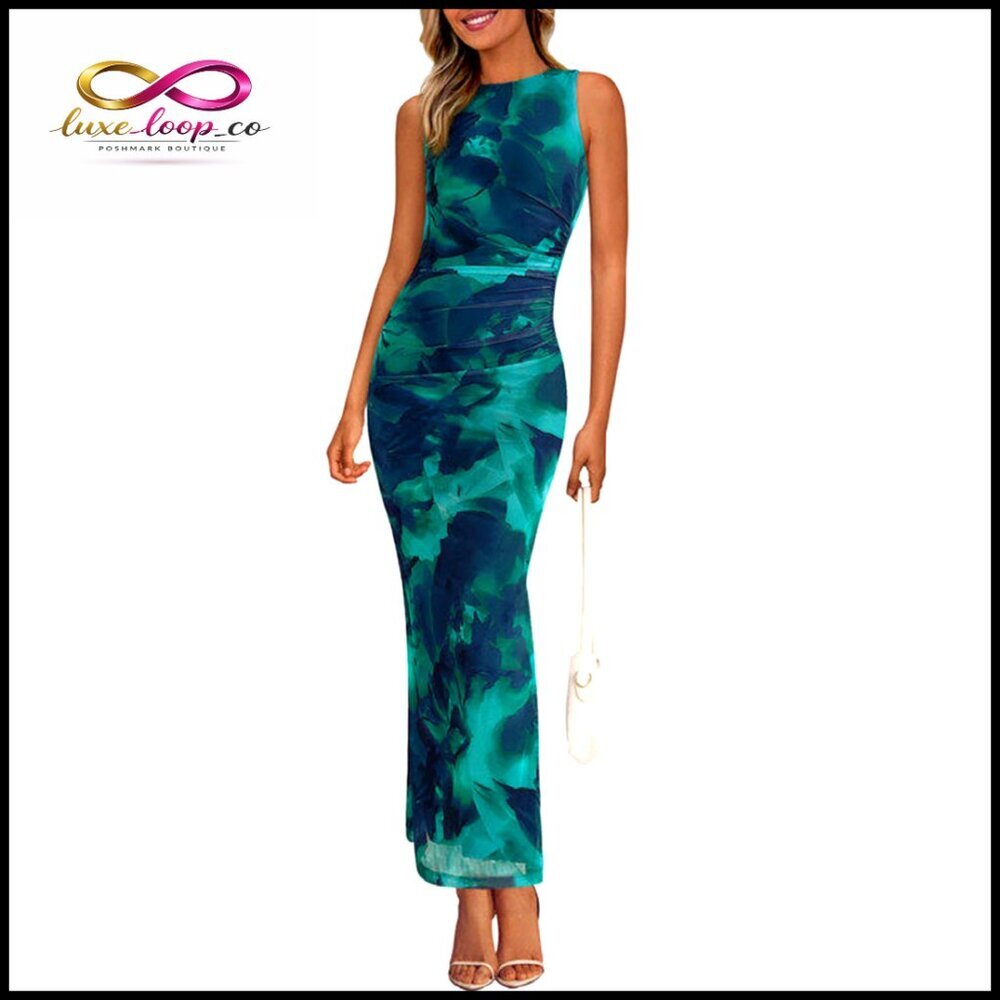 Sleeveless Bodycon Maxi Dress Mesh Ruched Floral Wedding Guest Cocktail